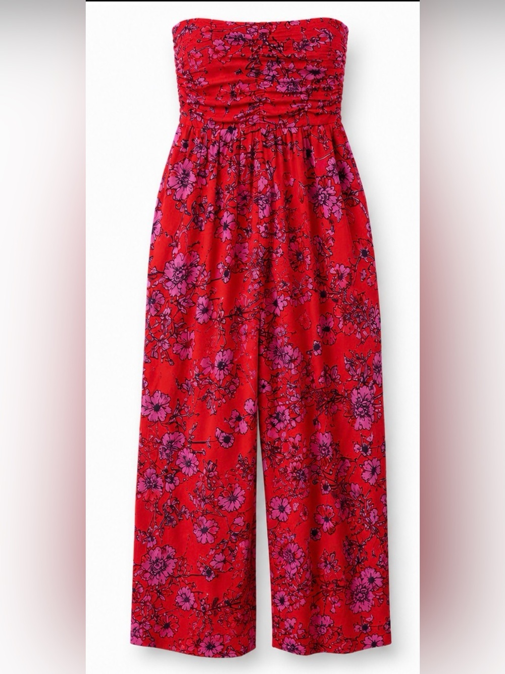 Strapless Wide-Leg Jumpsuit in Red Floral Small